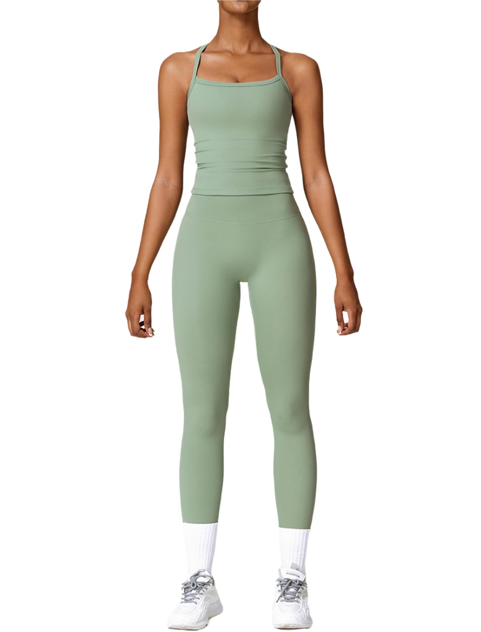 Women's Seamless Two-Piece Workout Set – Cross Back Tank & Leggings
