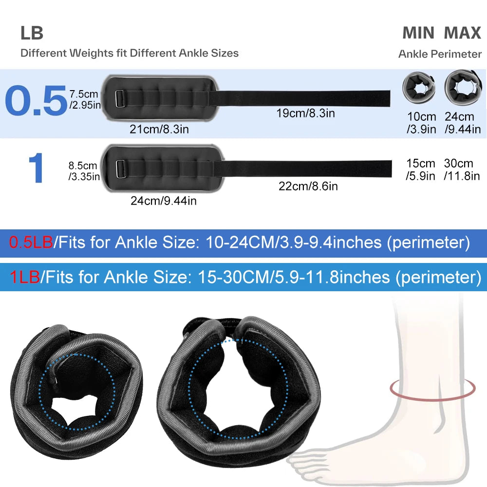 Ankle &amp; Wrist Weights 0.25–0.5KG with adjustable straps for various ankle sizes and weights for exercise.