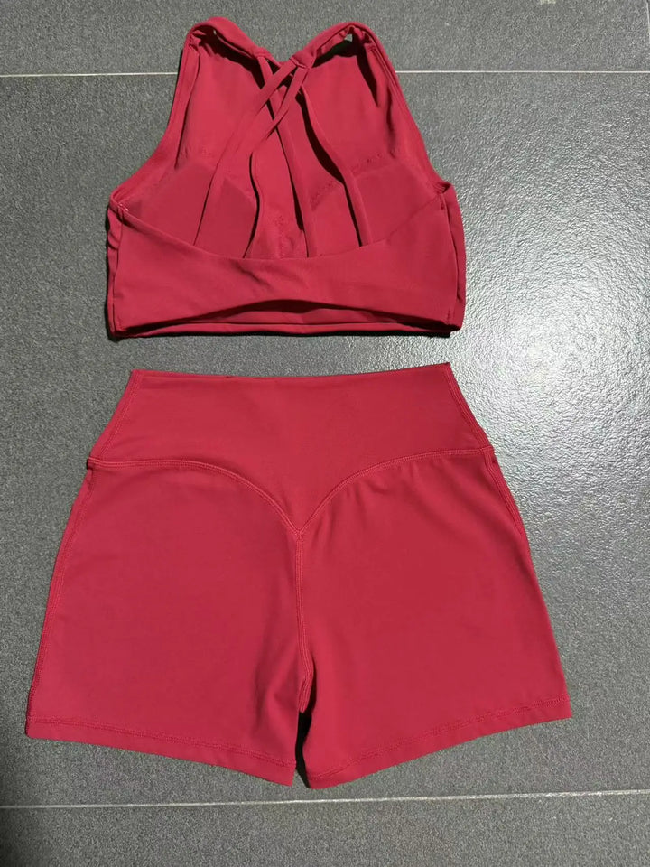 Gym Workout Clothing Detachable Chest Pad Cross Back Vest Yoga Shorts Sets Tight Quick-Dry Fitness Sports Shorts Suits for Women