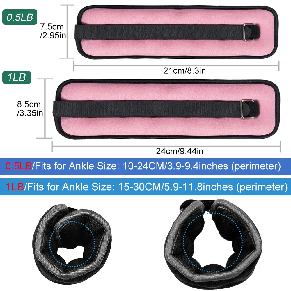 Ankle &amp; Wrist Weights 0.25–0.5KG sizes and adjustable fit for exercise, including 0.5LB and 1LB options.